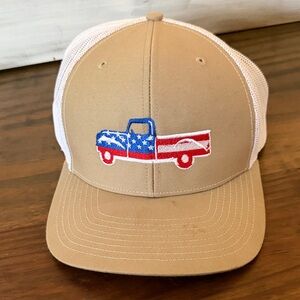 Tan and White Trucker Hat with Embroidered Truck Design